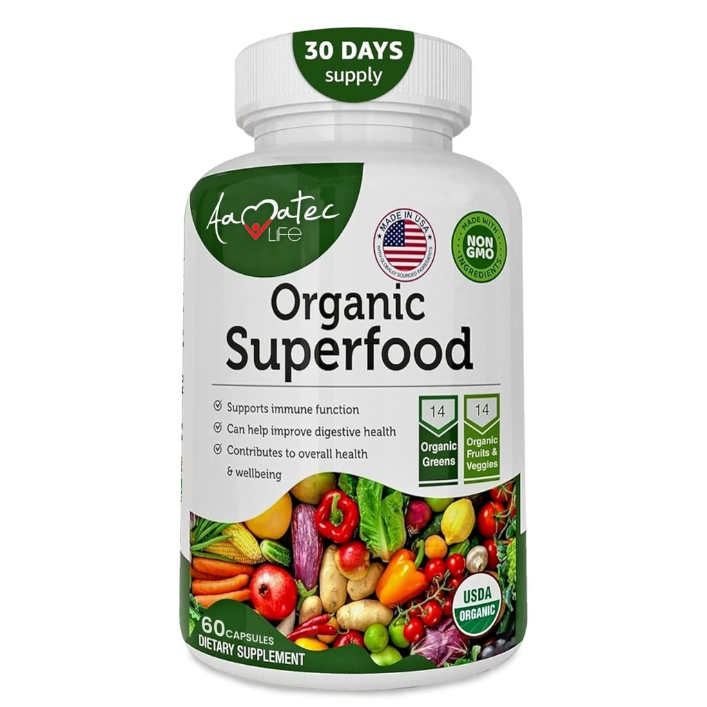 Organiska Superfood Greens Fruits och Veggies Complex - Kosttillskott med 14 gröna och 14 frukter och grönsaker med Alfalfa Rich i antioxidant organiska ingredienser Non-GMO 60 kapslar