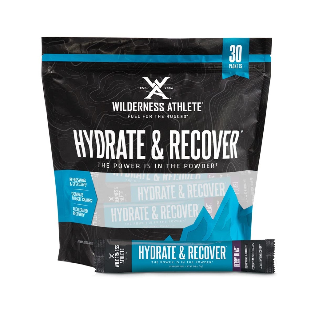 Wilderness Athlete - Hydrate & Recover | Liquid Hydration Packets Electrolyte Drink Mix - Återställ snabbare med Bcaas - 30 Single Serving Hydrate Packets (Berry Blast), 0,49 Ounce (Pack of 30)
