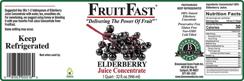 100% Pure Elderberry Juice Concentrate (32 f. oz. - Pack of 4) av FruitFast - Brownwood Acres | Osötad, icke GMO, Gluten Free, All Natural Juice Extract - Främjar hälsosam immunfunktion *