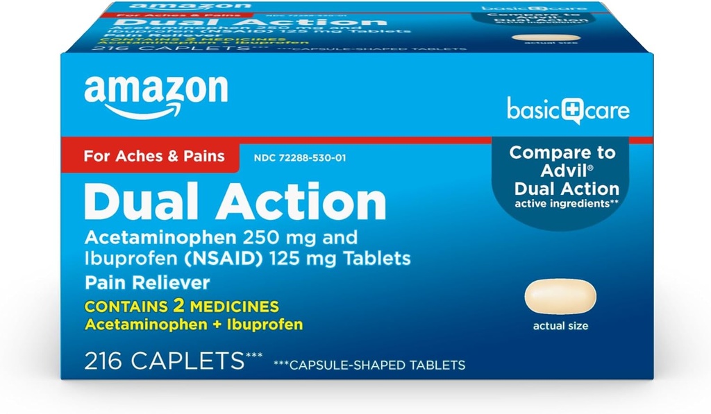 Grundläggande vård Dual Action Acetaminophen 250 mg och Ibuprofen (NSAID) 125 mg tabletter, 216 Räkna