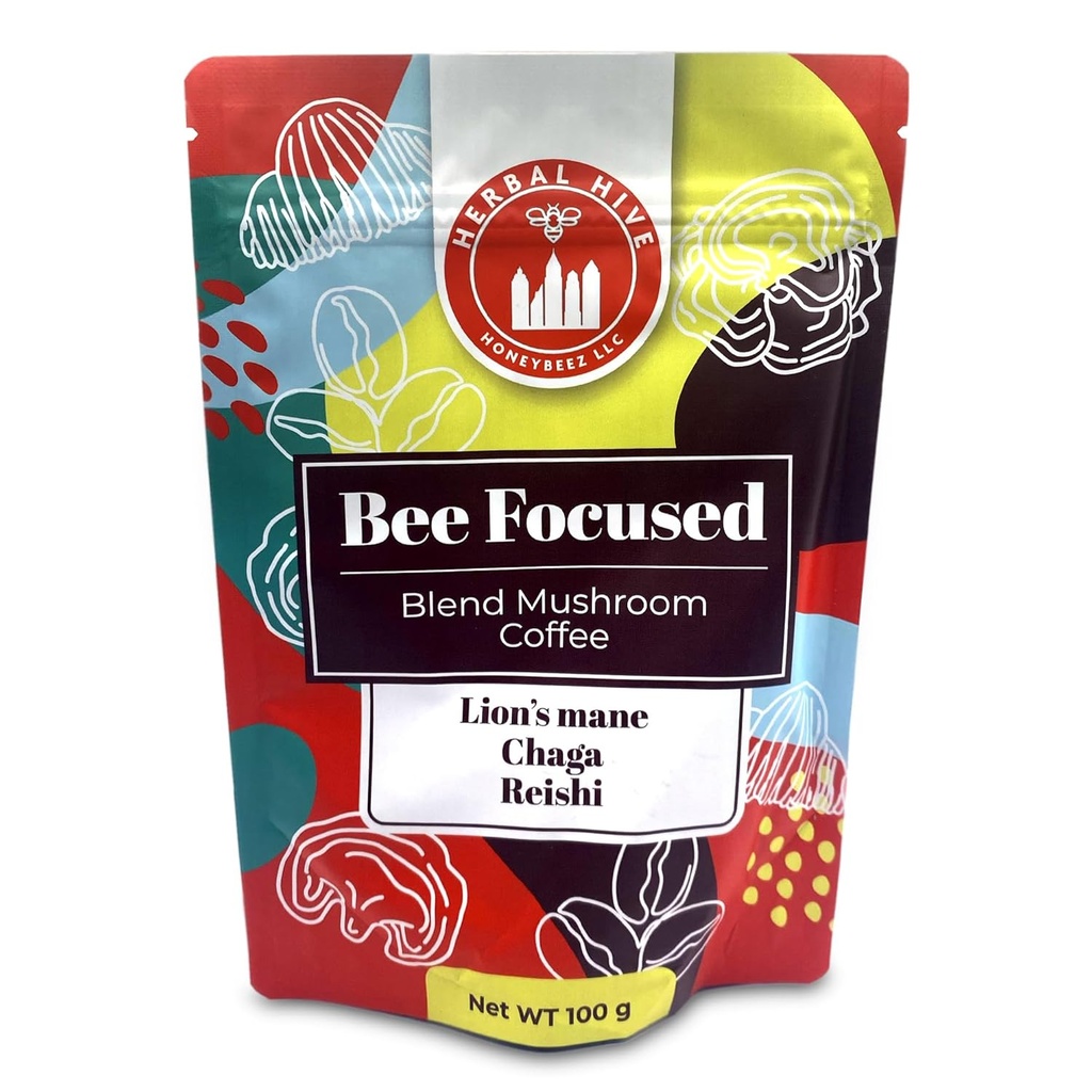 Mushroom Coffee av Herbal Hive Bee Focused Inkluderar Adaptogens Reishi, Lion's Mane och Chaga Superfood Low Acid Instant 30 Servings (3,5 oz, Dark Roast)