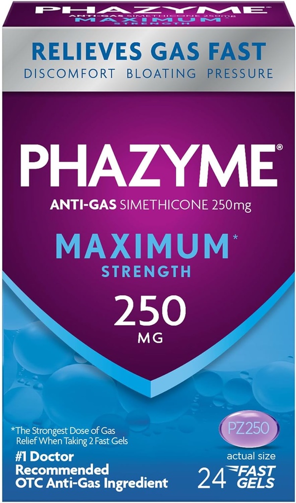 Phazyme Maximum * Styrka Anti-Gas 250 mg Simethicone Gas Relief för vuxna, Snabba Gels snabbt lindra uppblåsthet, tryck och obehag, 24 greve