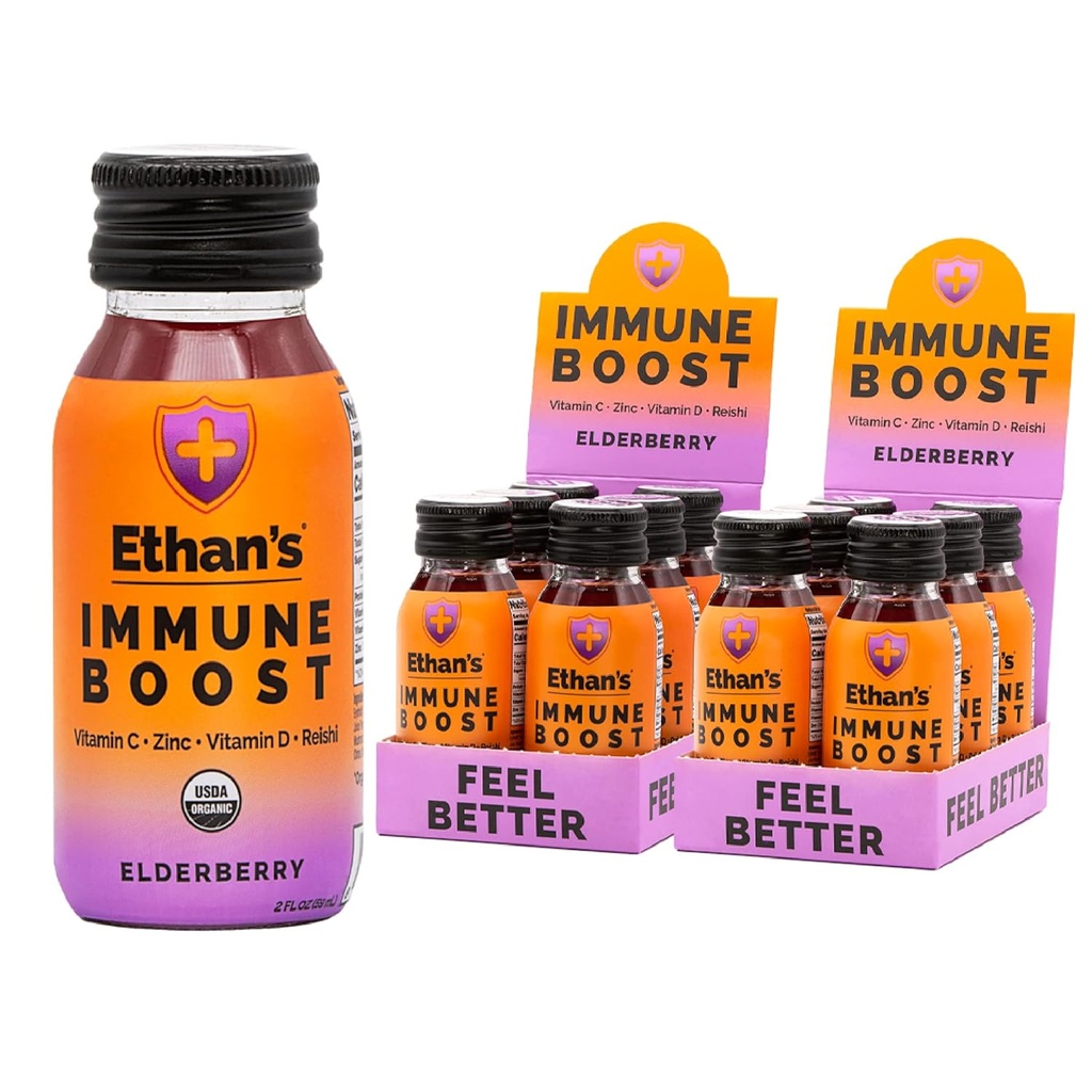Ethans organiska immunförsvar, Elderberry Flavor. Känn dig bättre. Immunity Support, Made with Real Fruit, Vitamin C, Vitamin D, Reishi, Zinc, med No Added Sugar (12 Pack med 2oz Shots)