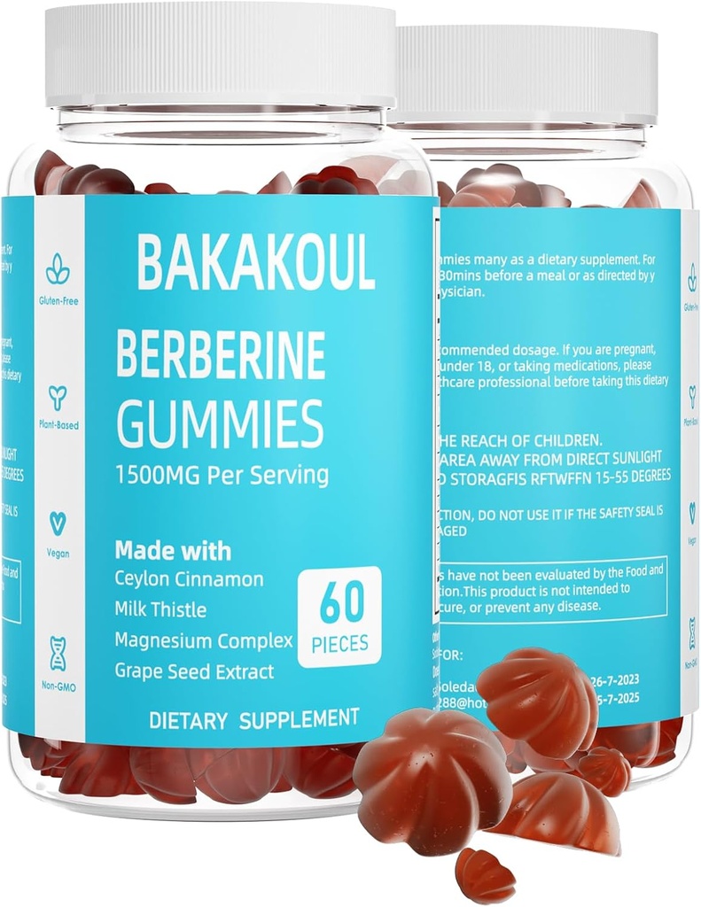 Berberin med Ceylon Cinnamon Gummies, Sugar-Free Berberine 1500 mg och Ceylon Cinnamon 500 mg, High Potency Berberine Gummies med Magnesium Complex och mjölk Thistle, 60 Gummies