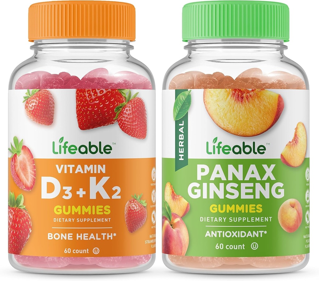 Livlig vitamin D3 + Vitamin K2 + Panax Ginseng, Gummies Bundle - Great Tasting, Vitamin Supplement, Gluten Free, GMO Free, Chewable Gummy