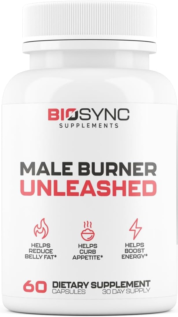 BioSync - Male Burner UNLEASHED | Fettbrännare för män viktminskning piller | Appetite Suppressant, Carb Blocker, Energy Booster | 6 Ultra Dosed Powerful Ingredients | Safe 3rd Party Tested - 60 kapslar