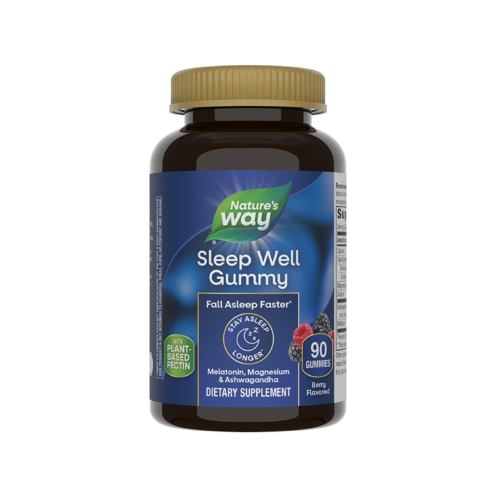 Nature's Way Sleep Well Melatonin och Magnesium Gummies, Sleep Support för vuxna *, med Ashwagandha, Berry Flavored, 90 Gummies