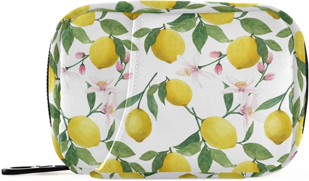 Watercolor Floral Lemon Pill Box 7 Day Pill Case Travel Pill Organizer Bag med Zipper Portable Weekly Case Compact Size för vitamin Supplement Holder
