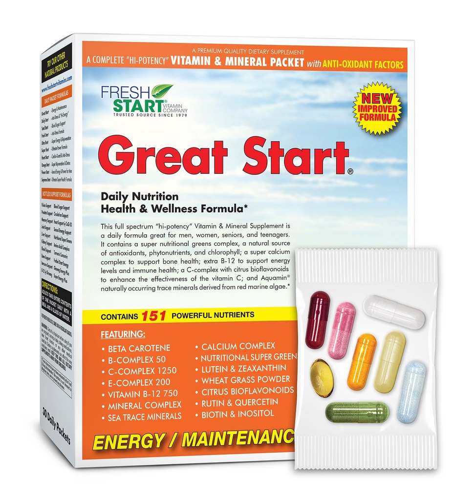 Great Start Complete Daily Vitamin Pack | Energy & Essentials | Vitamin A, B, C, D, E, B12, Biotin, Minerals, Calcium, Magnesium, Zink, Super Greens (30 Packets)