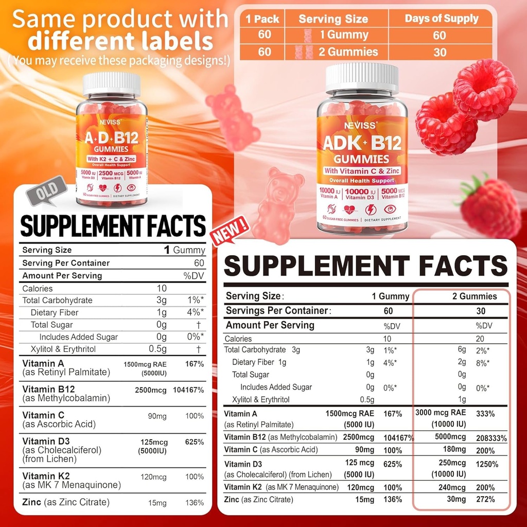 NEVISS 2Pack Vitamin ADK med B12 Gummies + 1Pack Glukosamin Fylld Gummies