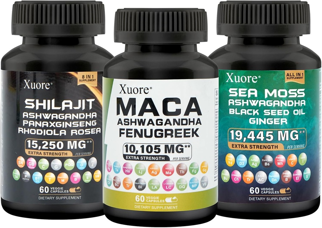 Bundle of Sea Moss,Shilajit,Maca, Black Seed Oil, Ashwagandha, Ginger, Shilajit, Rhodiola Rosea, Panax Ginseng, Maca Root, Fenugreek, Trifibranol100X,All i ett tillägg (1 Pack)