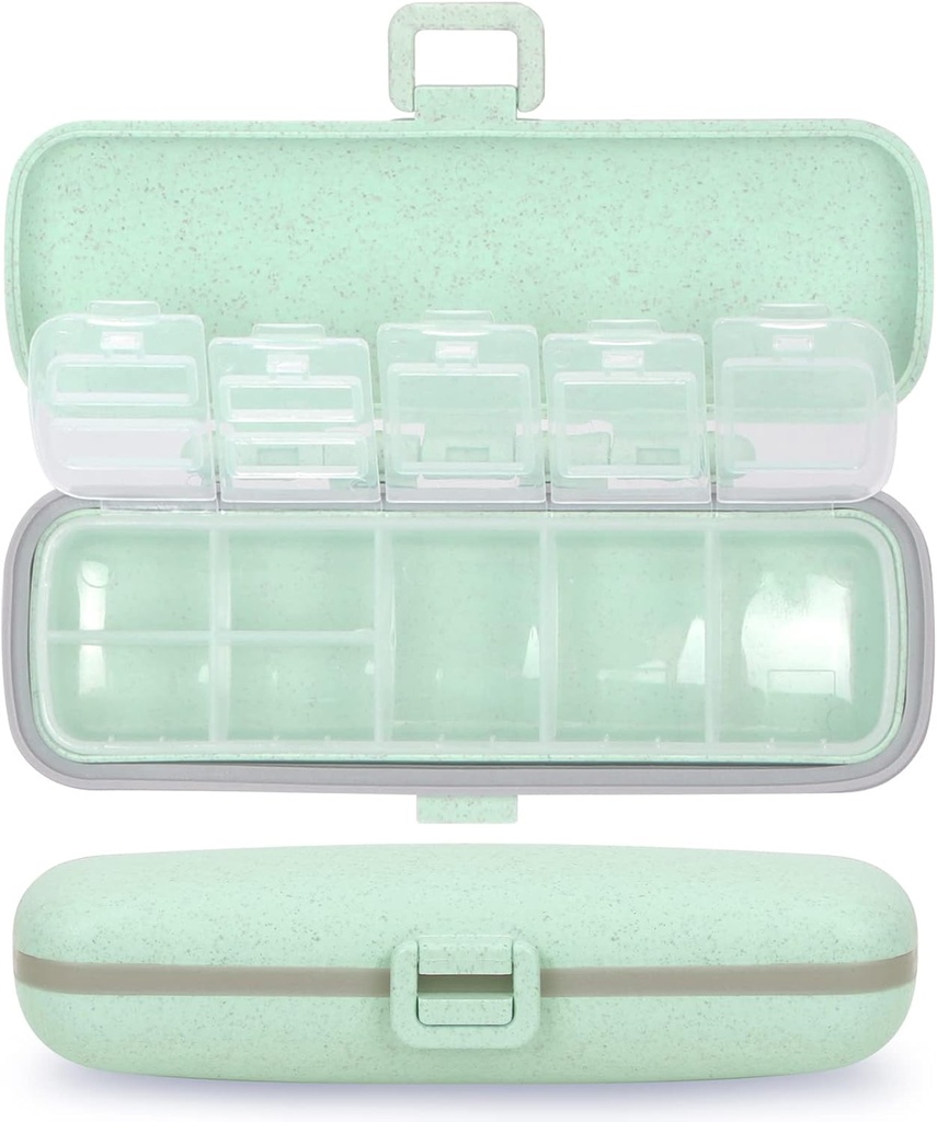 Naturetouch Pill Organizer, 7 Compartments Pill Box Portable Travel Medicine Organizer för Purse eller Pocket 7 Day Pill Dispenser Storage Case med Lock för Vitamin Medication Fish Oil Supplements Gree