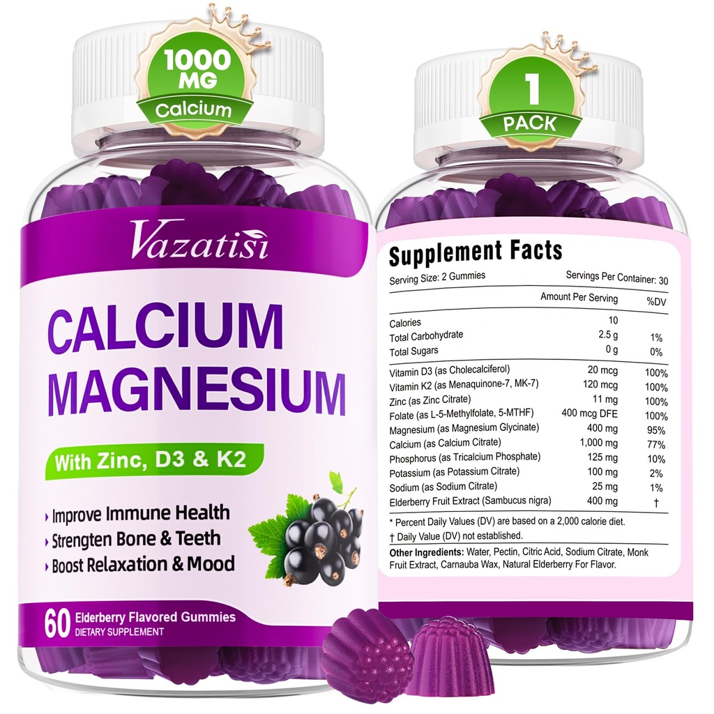 Kalcium Magnesium Zink Gummies med vitamin D3 och K2, High Absorption Magnesium Glycinate Kalium för immun och muskler, Vegan Elderberry Flavor 60 Gummies