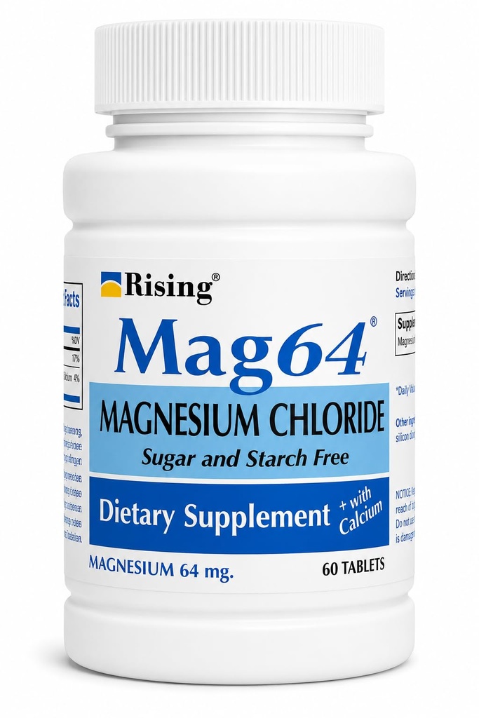 Rising Health Mag64 Magnesium Chloride Tablets with Calcium | Daily Magnesium Support for Muscle, Bone, Heart & Nerve Health - 60 Tablets