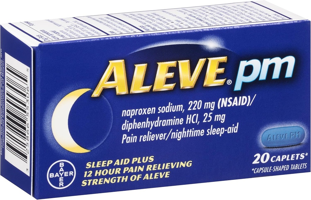 Aleve PM Caplets, Naproxen Sodium 220 mg (NSAID) / difenhydramin HCl 25 mg, Smärta Reliever / Nighttime Sleep-Aid, Non-Habit Forming, 20 Count