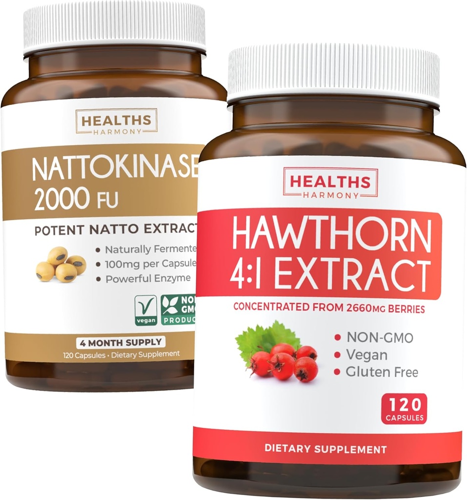 Nattokinase & Hawthorn (4-månaders leverans) Nattokinase Berry Harmony - Nattokinase 2000 FU Kraftfull naturligt jäst sojabönor (4-månaders leverans) & Hawthorn Berry 4:1 Extrakt - Vegan och icke-GMO