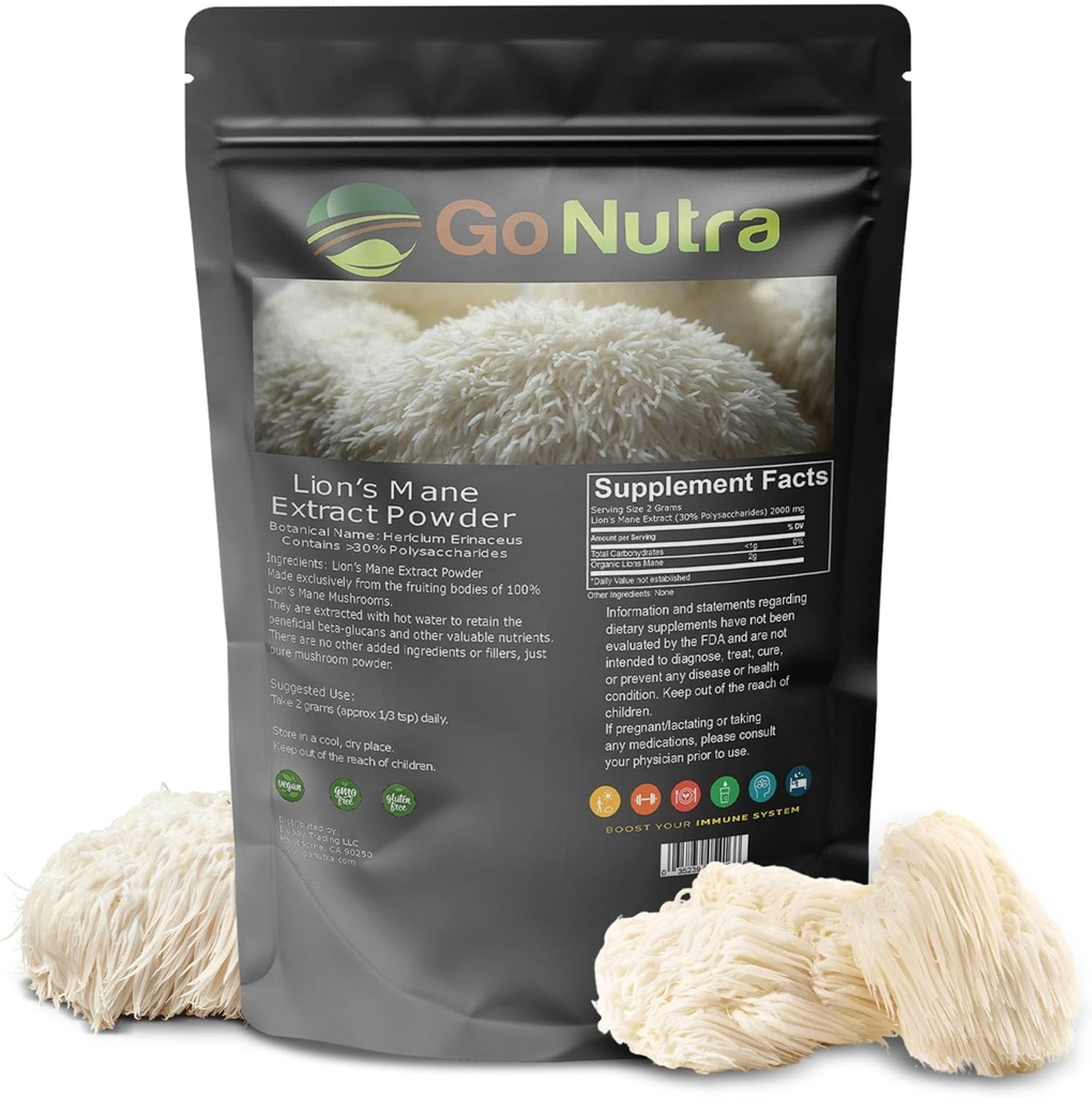 Go Nutra - Lion’s Mane Powder, Potent 10:1 Lion’s Mane Mushroom Powder with 30% Polysaccharides, Pure Lion’s Mane Extract for Tea, Juice, Water, and More, Non-GMO, Vegan, 4 oz