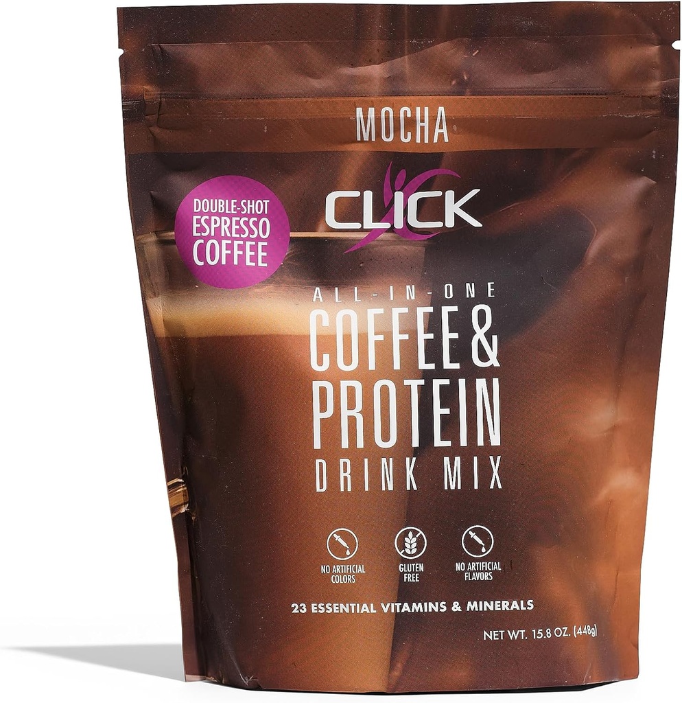 Klicka på Coffee Protein, Protein & Real Coffee All-in-One, Meal Replacement Nutrition Drink, Mocha Flavor, 23 viktiga vitaminer, Double Shot Espresso Coffee, Hot or Cold, 15.8-Ounce