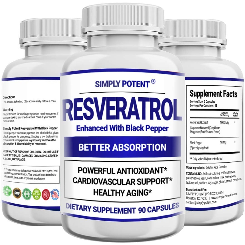 Resveratrol 1000mg Supplement, Trans Resveratrol 500mg, Resveratrol Förbättrad med Black Pepper för Max Absorption, Kraftfull Antioxidant & Anti-Aging Pills för hjärta, Immune & Skin Health, 90 kapslar
