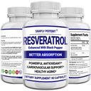 Resveratrol 1000mg Supplement, Trans Resveratrol 500mg, Resveratrol Förbättrad med Black Pepper för Max Absorption, Kraftfull Antioxidant & Anti-Aging Pills för hjärta, Immune & Skin Health, 90 kapslar