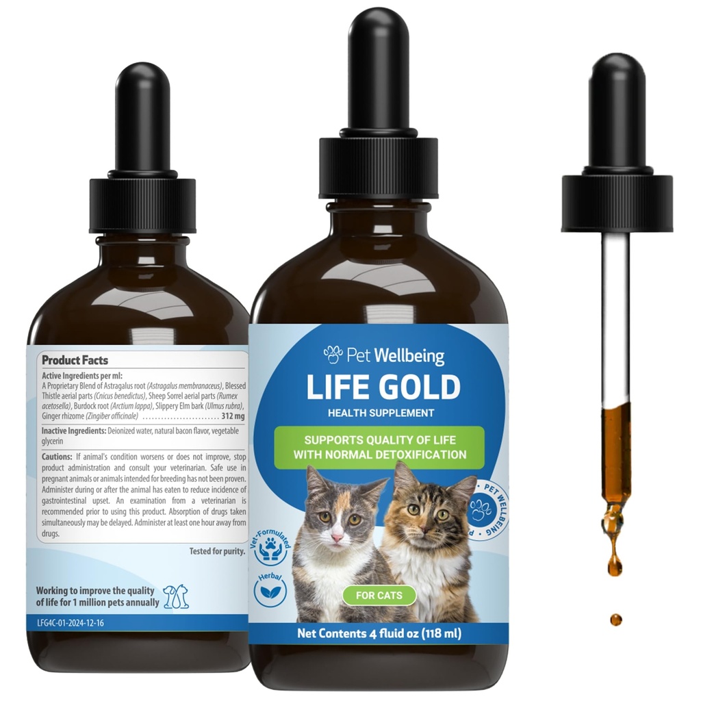 Pet Wellbeing Life Gold för katter - Stöder avgiftning, immunsystemhälsa, antioxidanter - Vet-Formulerad växtbaserade tillskott - 4 oz (118 ml)