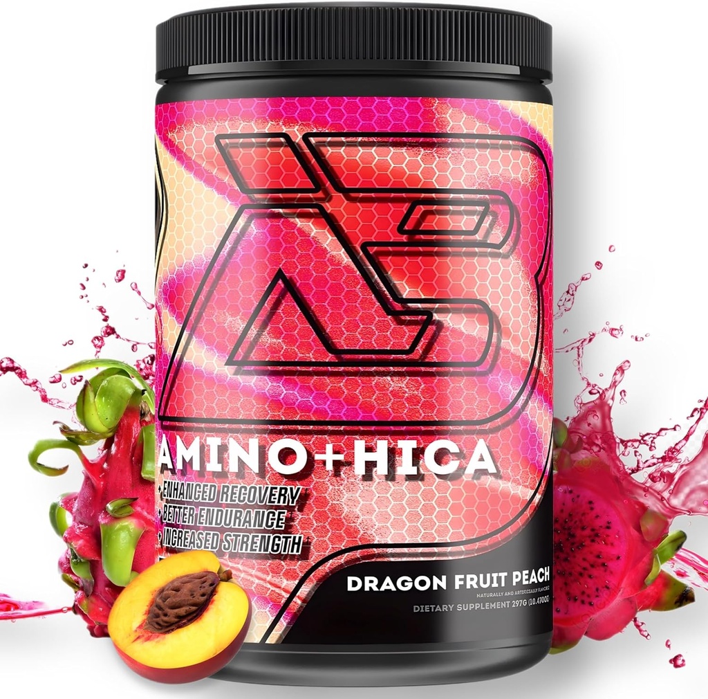 Amino + HICA EAA Supplement | Förbättrad återhämtning, bättre uthållighet, ökad styrka, energi, Hydration | Bcaa, Electrolytes, Leucine, Powder, 30 portioner (Dragon Fruit Peach)