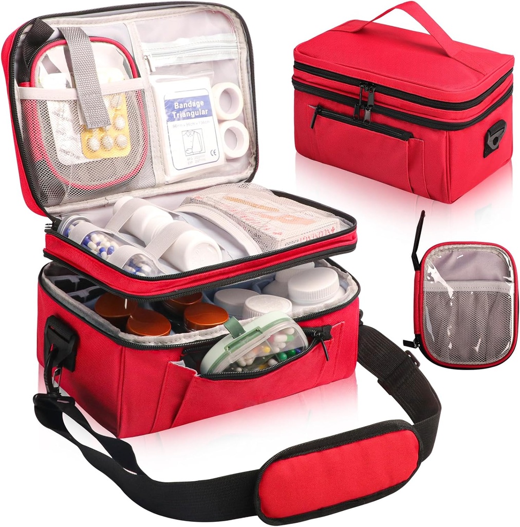 Medicin Bag för att resa med bärbar liten påse, Double Layer Pill Bottle Organizer Storage Case med Lockable Zippers, bär Medication Travel Case med Shoulder Strap (Bag ONLY), Red