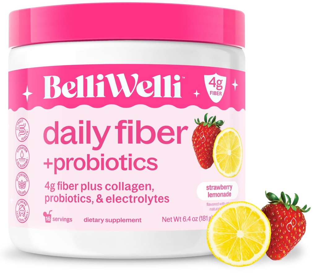 Belli Welli Fiber Supplement för kvinnor & män, Premium Daily Fiber Powder från organisk Acacia med tillsatt Collagen, Electrolytes & Probiotics, No Bloat, Constipation & Gut Health Support (Strawberry Lemonade)