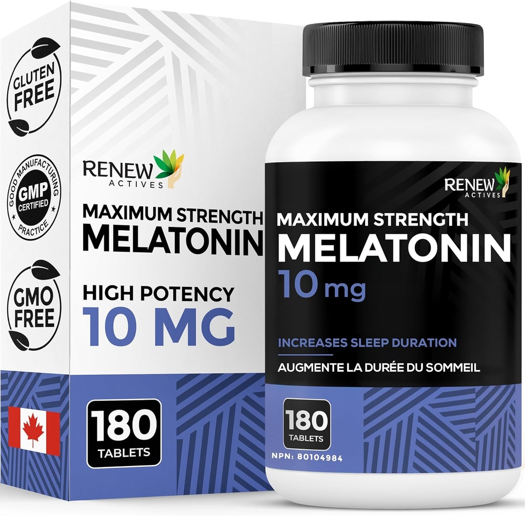Renew Actives Melatonin 10mg per portion - Främjar en djupare, längre och idealisk för sömnhantering, Jet Lag & för att återställa din sömncykel - tillverkad i Kanada - 180 tabletter