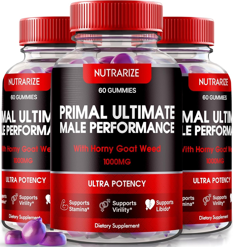 NutraRize (3 Pack) Primal Ultimate Gummies, Officiell PrimalUltimate Performance Supplement, Nyckeln till Regain Confidence, Premium Gummy, Officiell Prime Ultimate Reviews (180 Gummies)