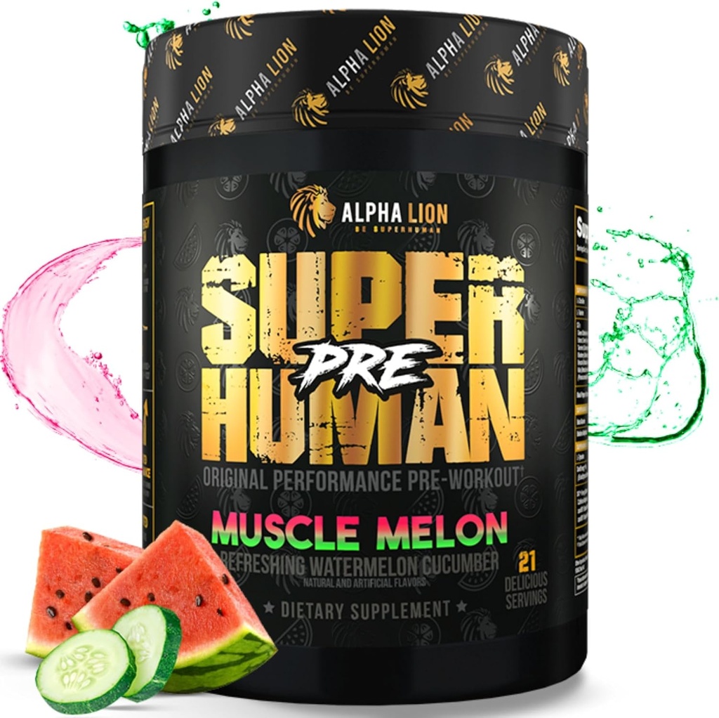 ALPHA LION Superhuman Pre Workout Powder, Beta Alanine, L-Taurine & Tri-Source koffein för hållbar energi och fokus, Nitric Oxide & Citrulline för pump (21 portioner, Muscle Melon)