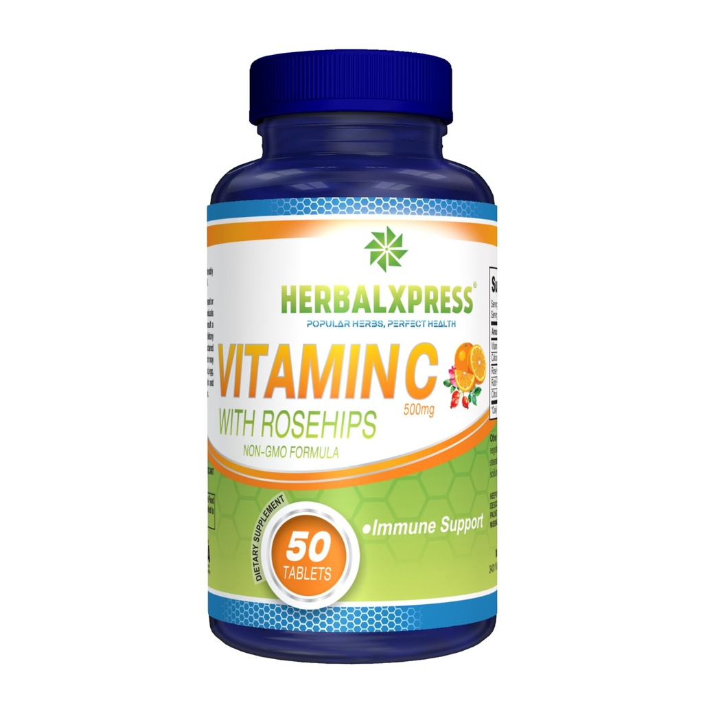 Herbalxpress Vitamin C 500mg med Rose HIPS, Ascorbic Acid & Citrus Bioflavonoids 50 tabletter (1 Tub) - Den kraftfulla Duo: - En kompletterande strategi för att öka ditt immunsystem.