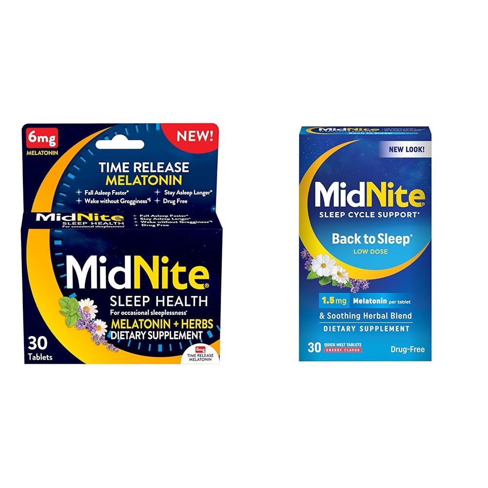 MidNite Time Release 6mg Melatonin 30 tabletter och tillbaka för att sova 1,5mg Melatonin 30 Cherry smaksatta tuggbara tabletter Sleep Aid Bundle