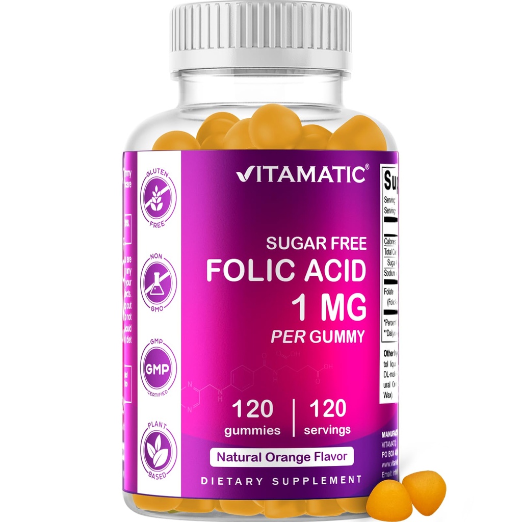 Vitamatisk folsyra Gummies 1000 mcg (1 mg) - en väsentlig prenatal vitaminer för mamma och baby - Vitamin B9-120 Vegan Gummies (1)