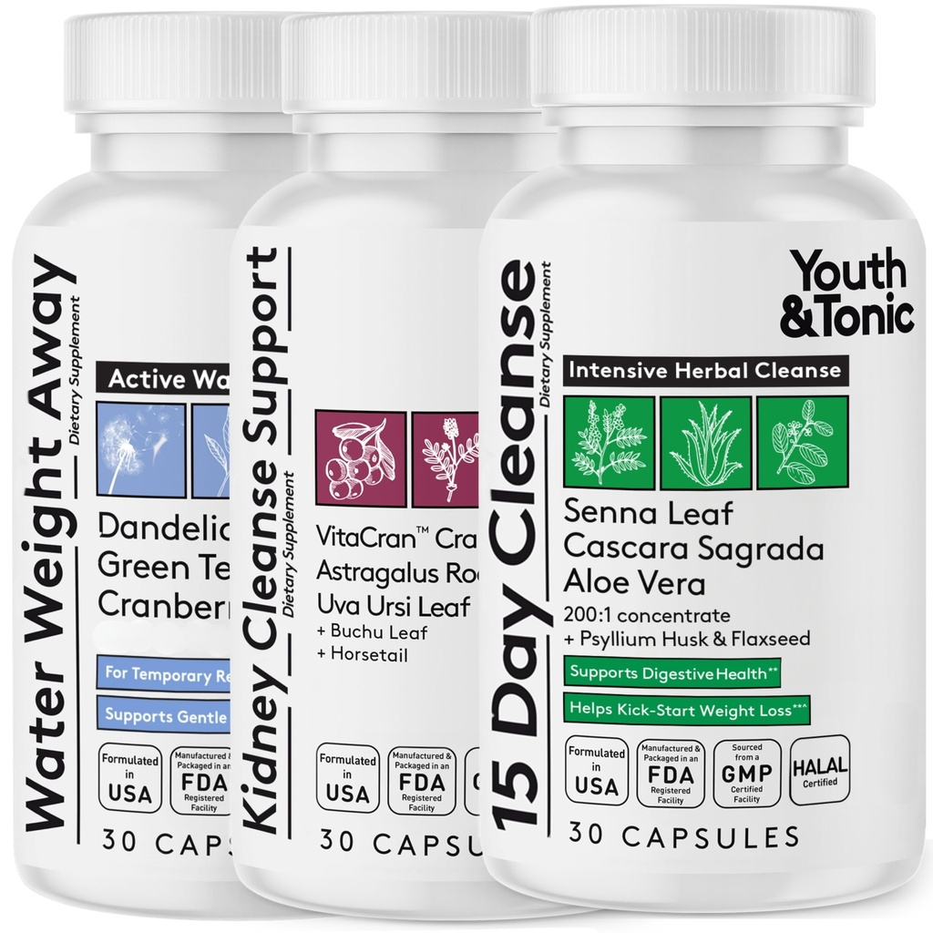 Youth & Tonic Complete Multi-Organ Detox Support - 15 Day Colon Cleanser & Gut Detox, Kidney Cleanse, Water Balance & Liver Health, 90 piller för kvinnor och män