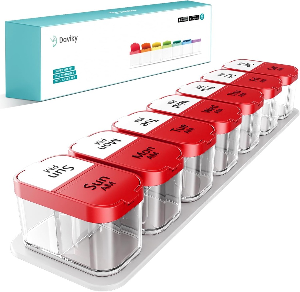 Daviky Extra Large Pill Organizer 2 gånger om dagen, Am Pm Pill Organizer 7 Day, Pill Box 7 Day to Hold Daily Medicine Vitamin and Supplements for Elders, Arthrtic Patients and Kids (Red)