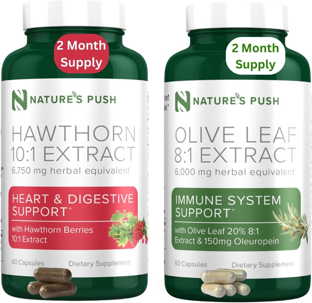Naturens Push Hawthorn Berry och Olive Leaf Bundle of Super Potent 10:1 Hawthorn Berry Extract (2 Månat Supply) och Olive Leaf Super Potent 8:1 Extract 20% Oleuropein 750mg Capsule (2 Månat Supply)
