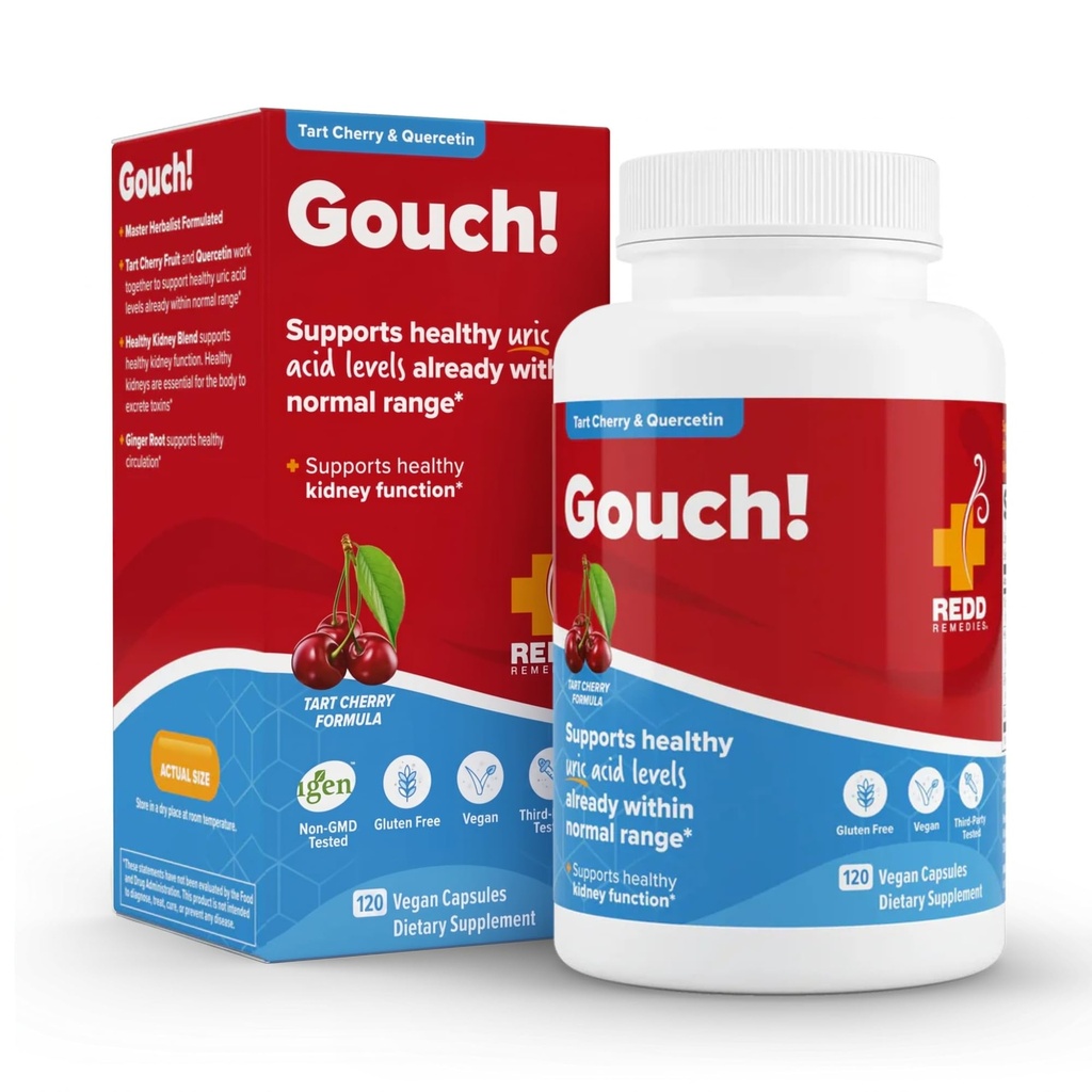 Redd Remedies, Gouch!, Supplement Support för gemensamma och urinsyranivåer, uppmuntrar ett hälsosamt inflammatoriskt svar, Tart Cherry & Quercetin, 120 Vegan kapslar