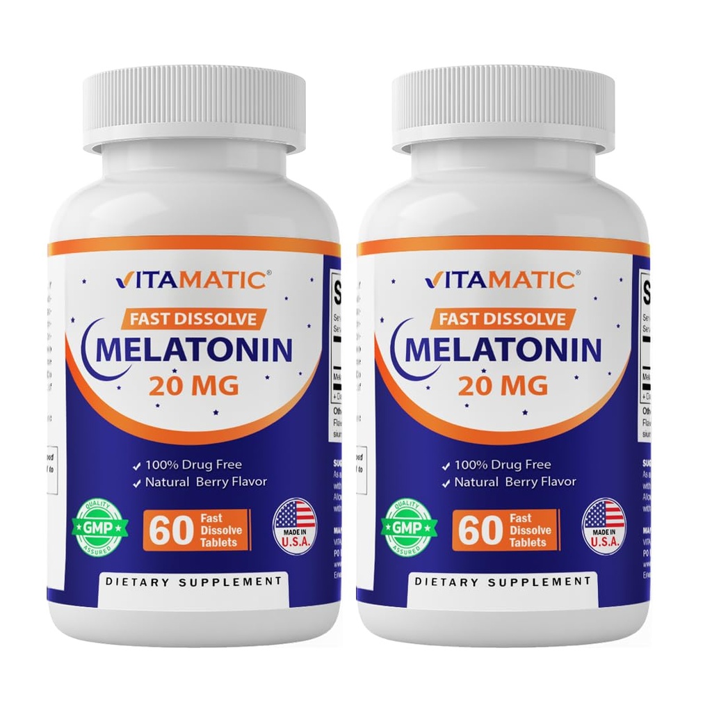Vitamatic 2-Pack High Potency Melatonin 20 mg - 60 Snabbupplösta tabletter Totalt snabbverkande sömnstöd - Naturlig Berry smak | Vegetarisk