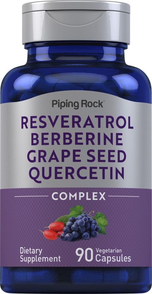 Piping Rock Resveratrol Berberine Grape Seed & Quercetin Complex | 90 kapslar | Vegetarisk, icke-GMO och Gluten fri tillägg