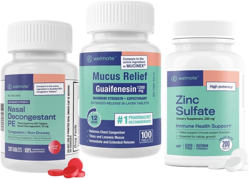 WELMATE Ultimate Cold & Allergy Relief Bundle: Maximal styrka Guaifenesin 1200 Mg Mucus Relief (100 tabletter), Phenylephrine HCl 10 mg Nasal Decongestant (200 tabletter) & Zink Sulfate 220mg