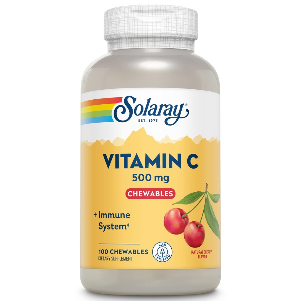 SOLARAY Chewable Vitamin C 500 mg, Natural Cherry Flavor med naturliga sötningsmedel, Antioxidant och Immune Support Supplement med Whole Food Base, 60-dagars garanti, 100 portioner, 100 Chewables