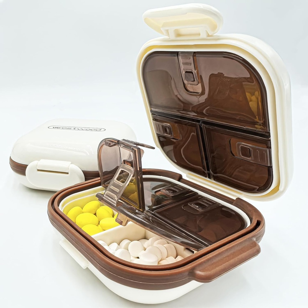 Foldable Small Pill fall med 7 stora delar, lätt att öppna dagliga piller låda för väska, Travel Pill Organizer Pill Container Pill Holder för vitaminer, tillägg och mediciner (Beige)