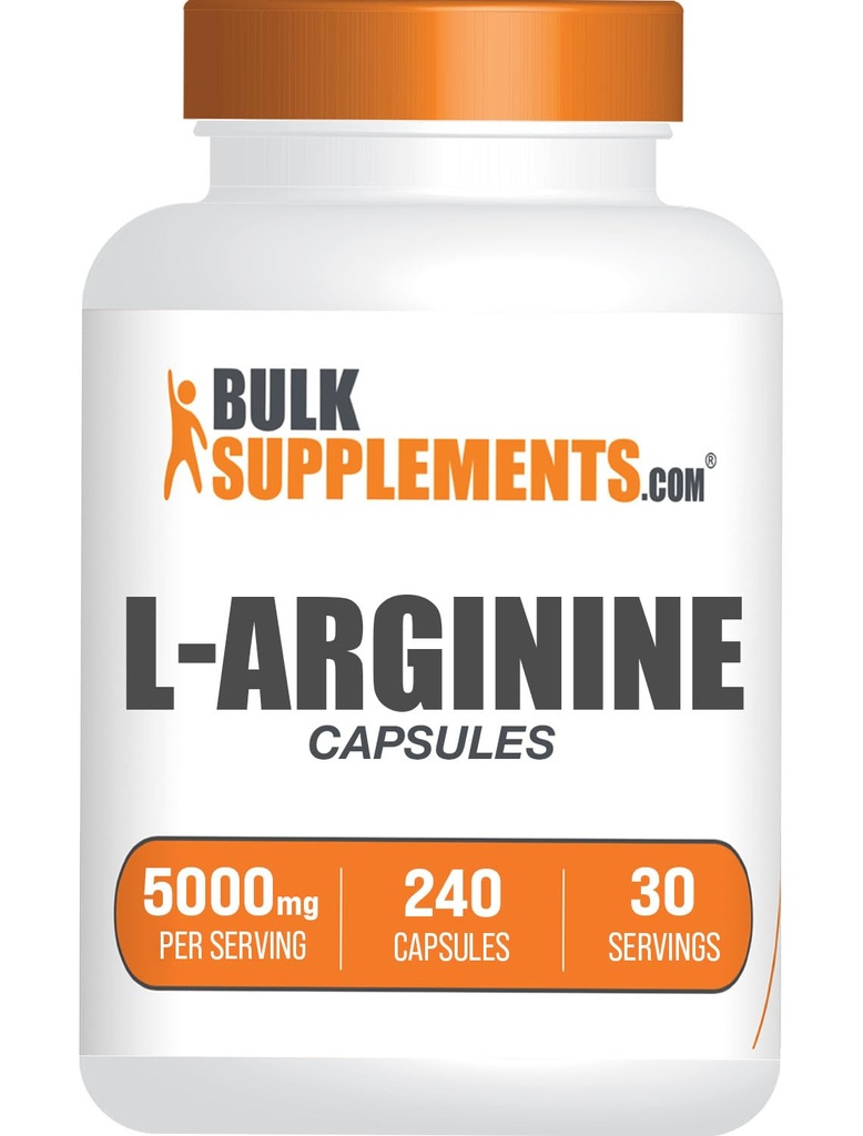BulkSupplements.com L-Arginine Capsules - Arginine Supplement, Nitric Oxide Supplement - Gluten Free, 8 Capsules per Servering (5000mg), 240 greve (Pack av 1)