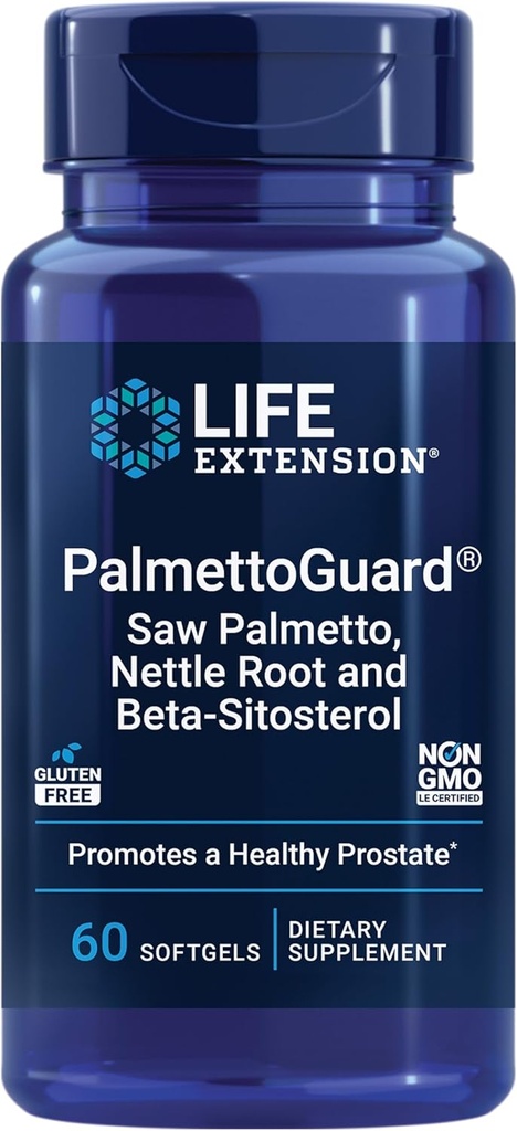 Life Extension PalmettoGuard® Saw Palmetto, Nettle Root och Beta-Sitosterol, stöder hälsosam prostatafunktion och hormonmetabolism, 160 mg Saw Palmetto för män, Gluten-Free, Non-GMO, 60 softgels