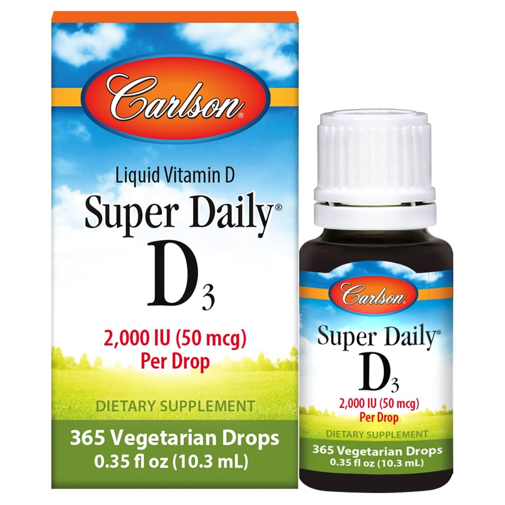 Carlson - Super Daily D3, Vitamin D Drops, 2 000 IE per Drop, 1-årig Supply, Vitamin D3 Liquid, Heart & Immune Health, Vegetarian, Liquid Vitamin D Drops, Unflavored, 365 Drops