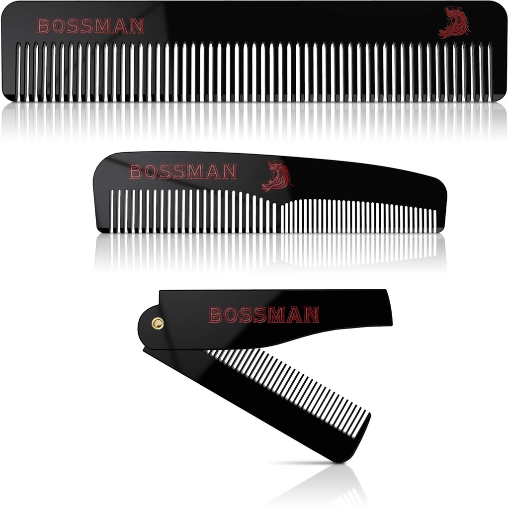 Bossman Acetate Beard, Mustache, & Hair Comb Set of 3 - Combs för män med minimalistisk magnetisk låda (7,5-tums, 5-tums, 3,5-tums) - Funktioner rundade tänder, dubbelsidig tänder och dämpbar design