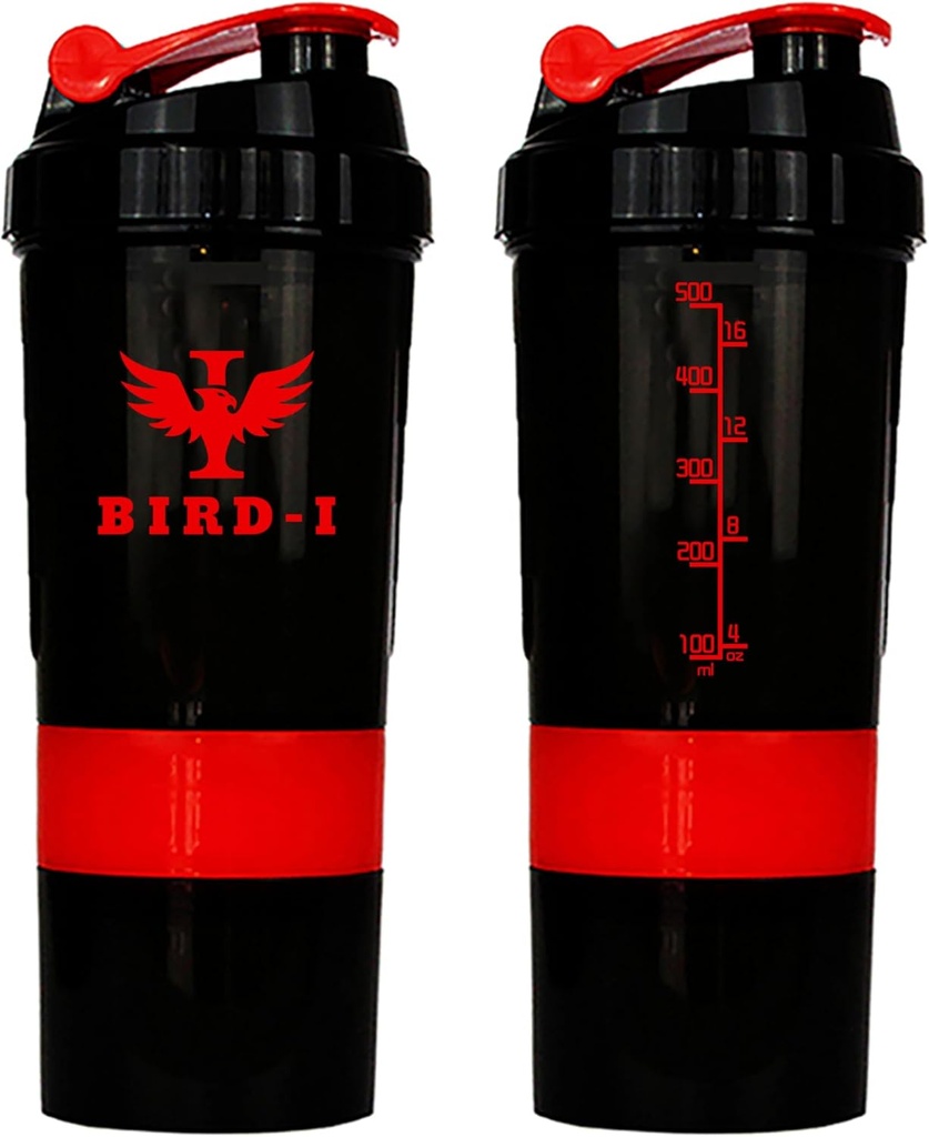 BIRD-I Gym Protein Shaker, 3-i-1, 500 ml/16.9oz, BPA-Free, Metal Mixer. (RED), JT4101