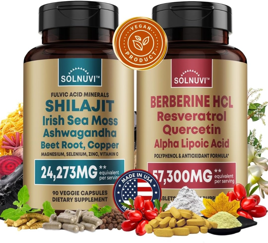 Allt i en Vitality Bundle - Shilajit Pure Himalayan Organic & Berberine HCl Complex - Sea Moss, Ashwagandha, Resveratrol, Alpha Lipoic Acid, Quercetin - Non-GMO, Gluten-fri, Vegan Supplement