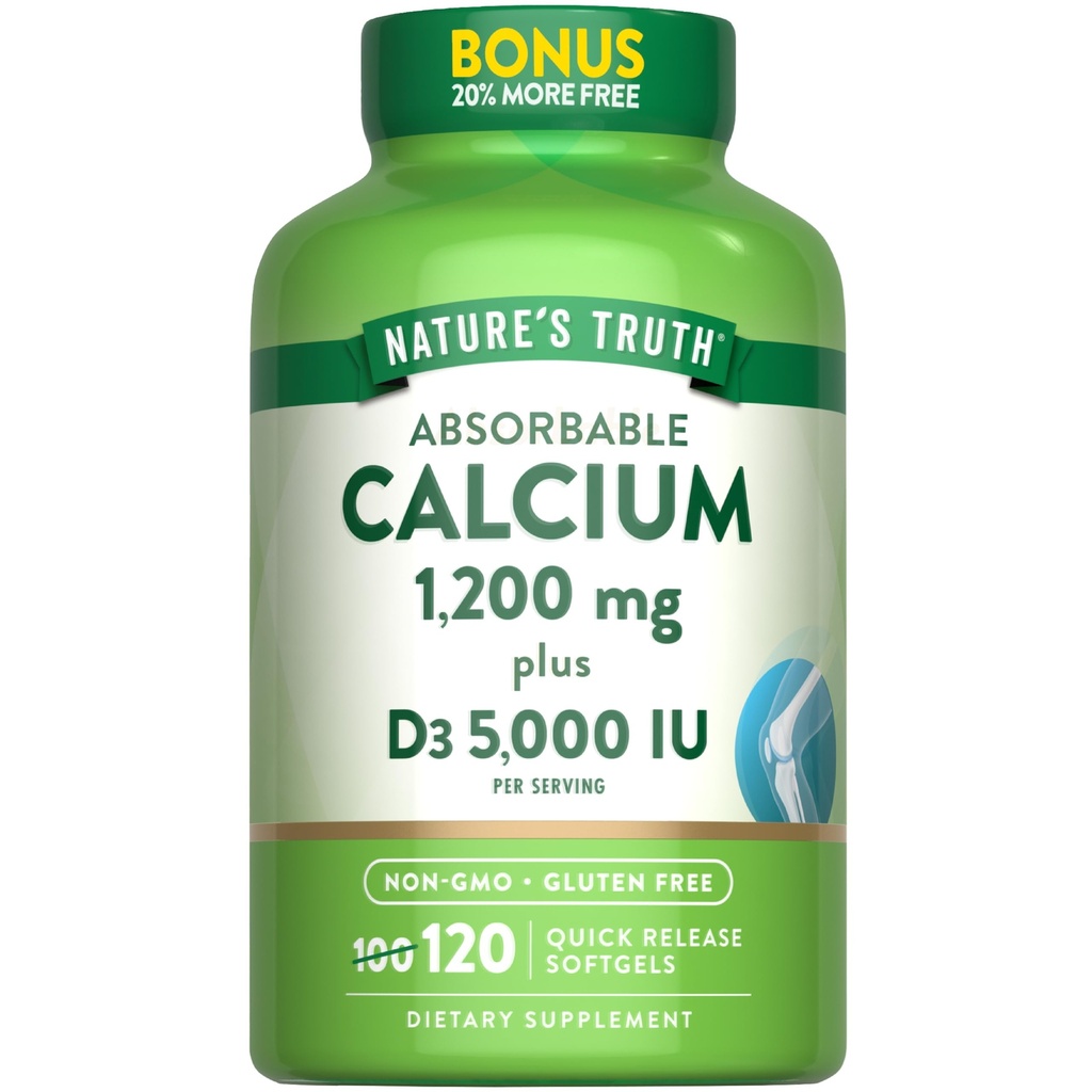 Naturens sanning Absorbable Calcium 1200 mg med vitamin D3 5000 IE | 120 Softgels | Calciumkarbonat | Non-GMO & Gluten Free Supplement